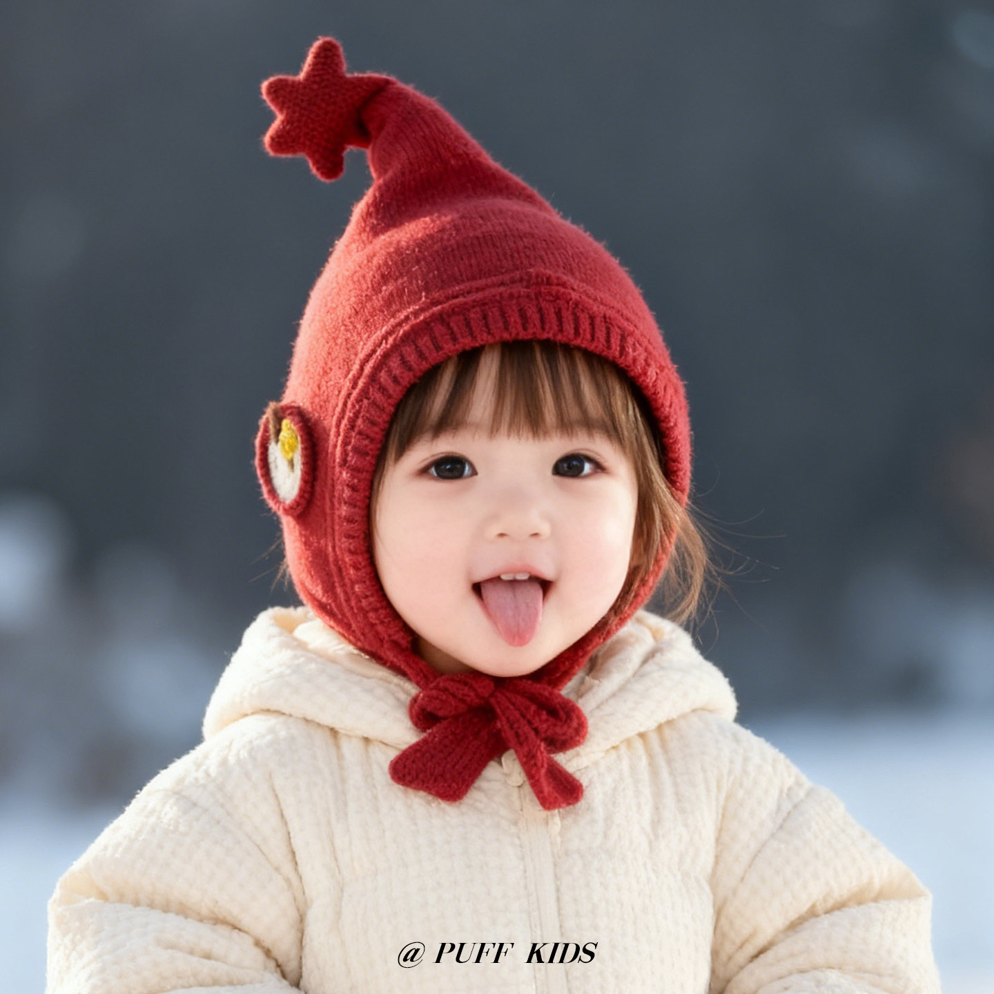 红色新年帽子儿童针织帽冬季男女童尖尖卡通精灵帽宝宝保暖护耳帽