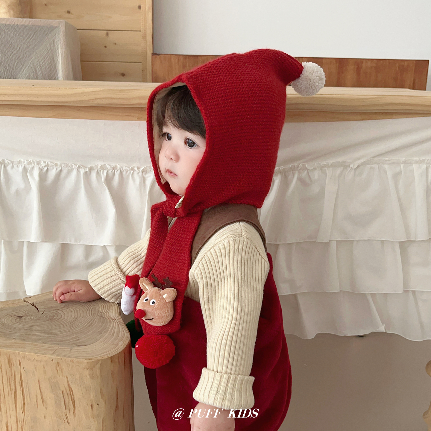 儿童帽子冬季圣诞可爱精灵帽男女童针织围巾一体帽宝宝保暖护耳帽