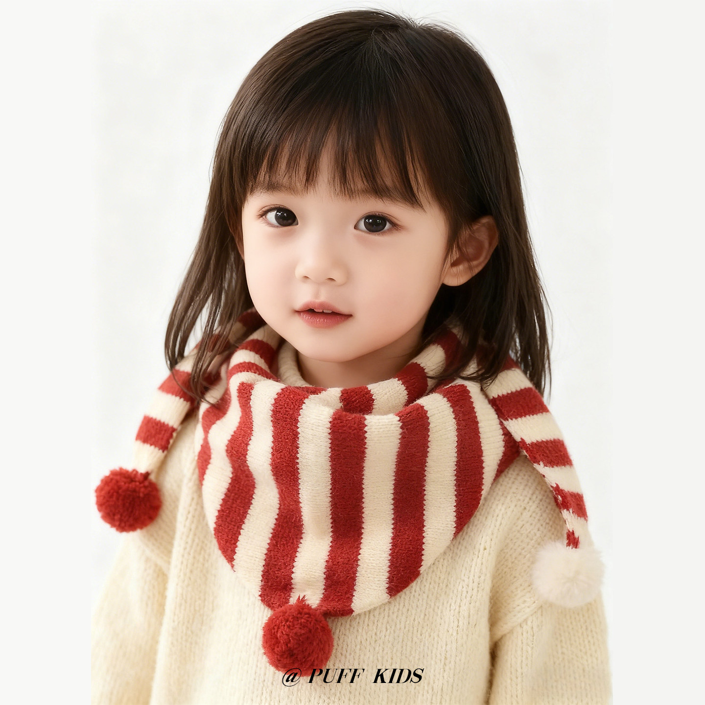 红色新年儿童围巾秋冬季宝宝条纹针织毛球三角巾男女童保暖脖套冬