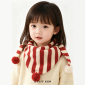 红色新年儿童围巾秋冬季 宝宝条纹针织毛球三角巾男女童保暖脖套冬