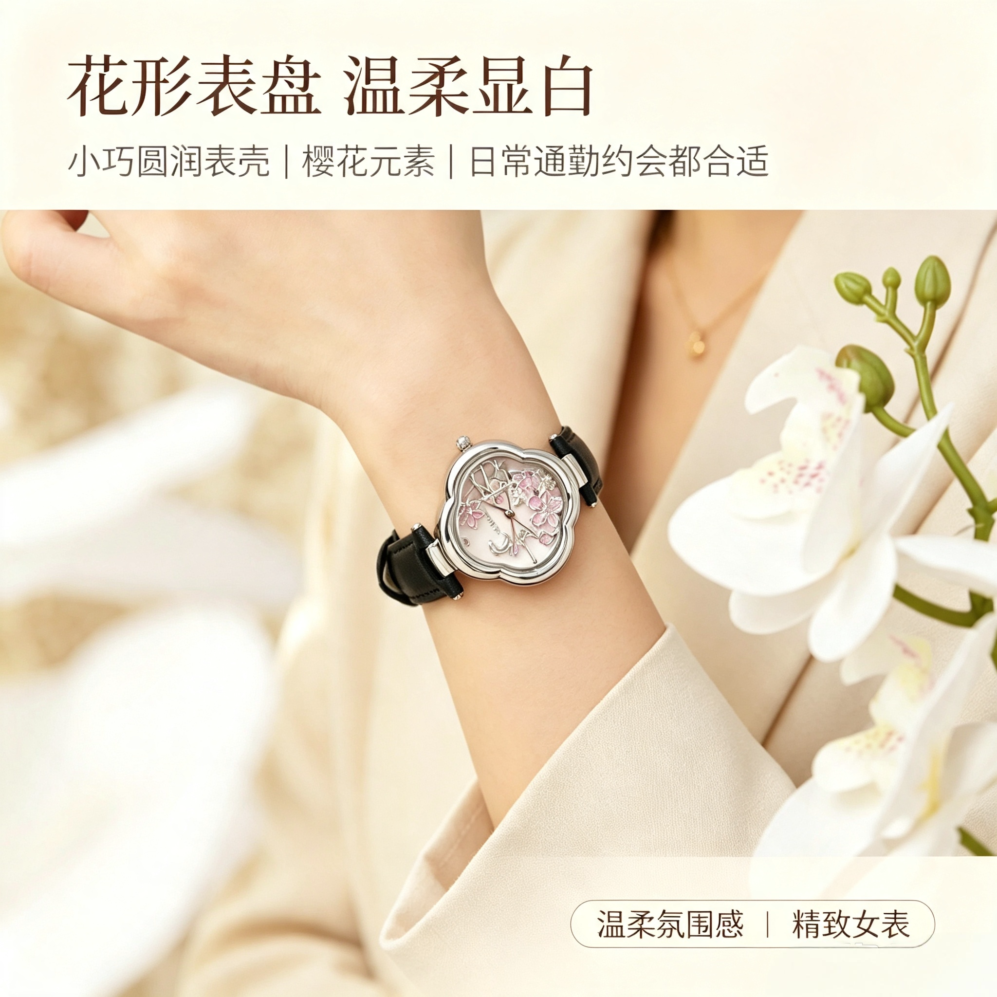 中式梅花女士防水手表轻奢小众浮雕表盘精致皮带石英腕表送礼女表