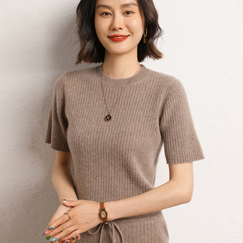 秋冬女抽条羊绒衫半袖针织衫短袖内搭打底t恤紫绒色修身上衣内穿