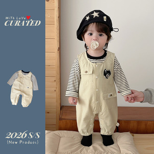 婴儿春装套装春季新款儿童长袖条纹打底衫洋气宝宝可爱小猫背带裤