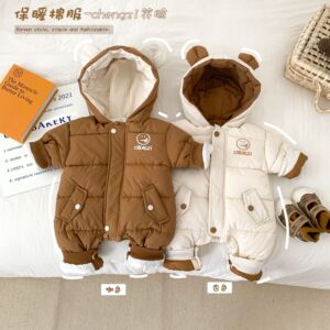 宝宝卡通笑脸外出连体衣棉服2022冬季婴儿保暖加厚哈衣爬爬服洋气
