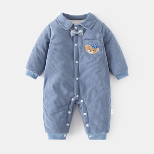 婴儿衣服秋冬装 夹棉加厚连体衣男女童加棉偏开连身衣宝宝外出爬服