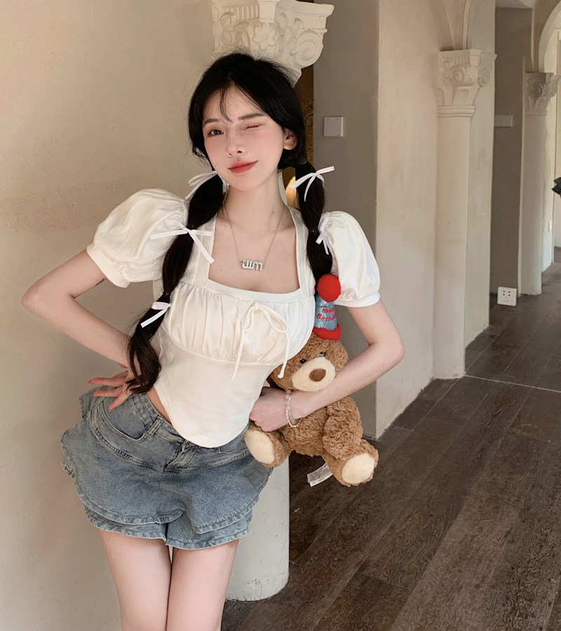 mm谢谢家大码胖mm夏装新款bm风纯欲小众设计感方领泡泡袖上衣女装