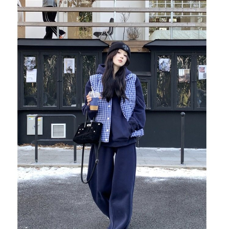 MM谢谢家大码韩式蓝格背心无袖马甲上衣女+加绒加厚休闲连帽卫衣,女装/女士精品,大码套装,淘宝优惠券,粉丝福利购,淘宝优惠卷