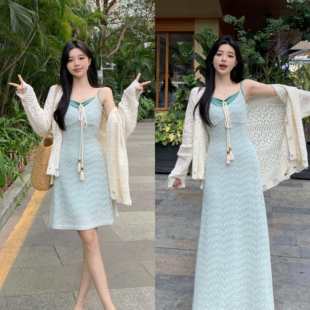 MM谢谢家大码温与柔初春手工串珠假两件连衣裙纯欲甜美时尚+开衫