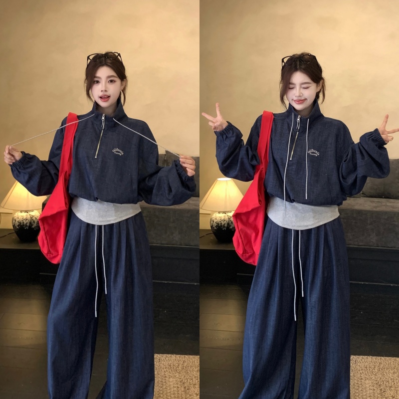 抽绳设计上衣简单刺绣大脚裤韩版