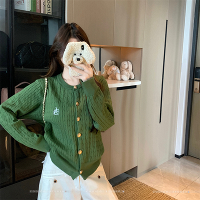 针织金属扣长袖开衫麻花毛衣外套