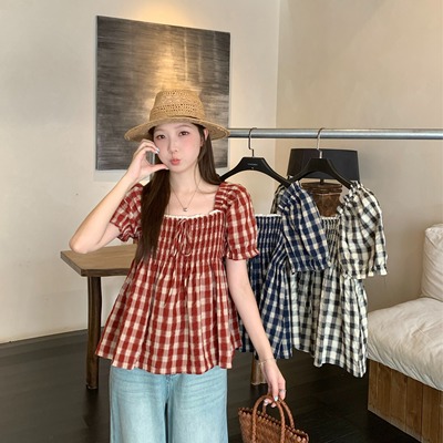 法式复古格子泡泡袖衬衫方领显瘦