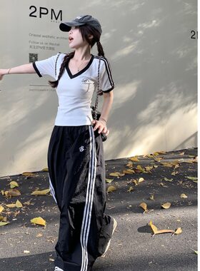 t恤美式运动风阔腿直筒裤女潮