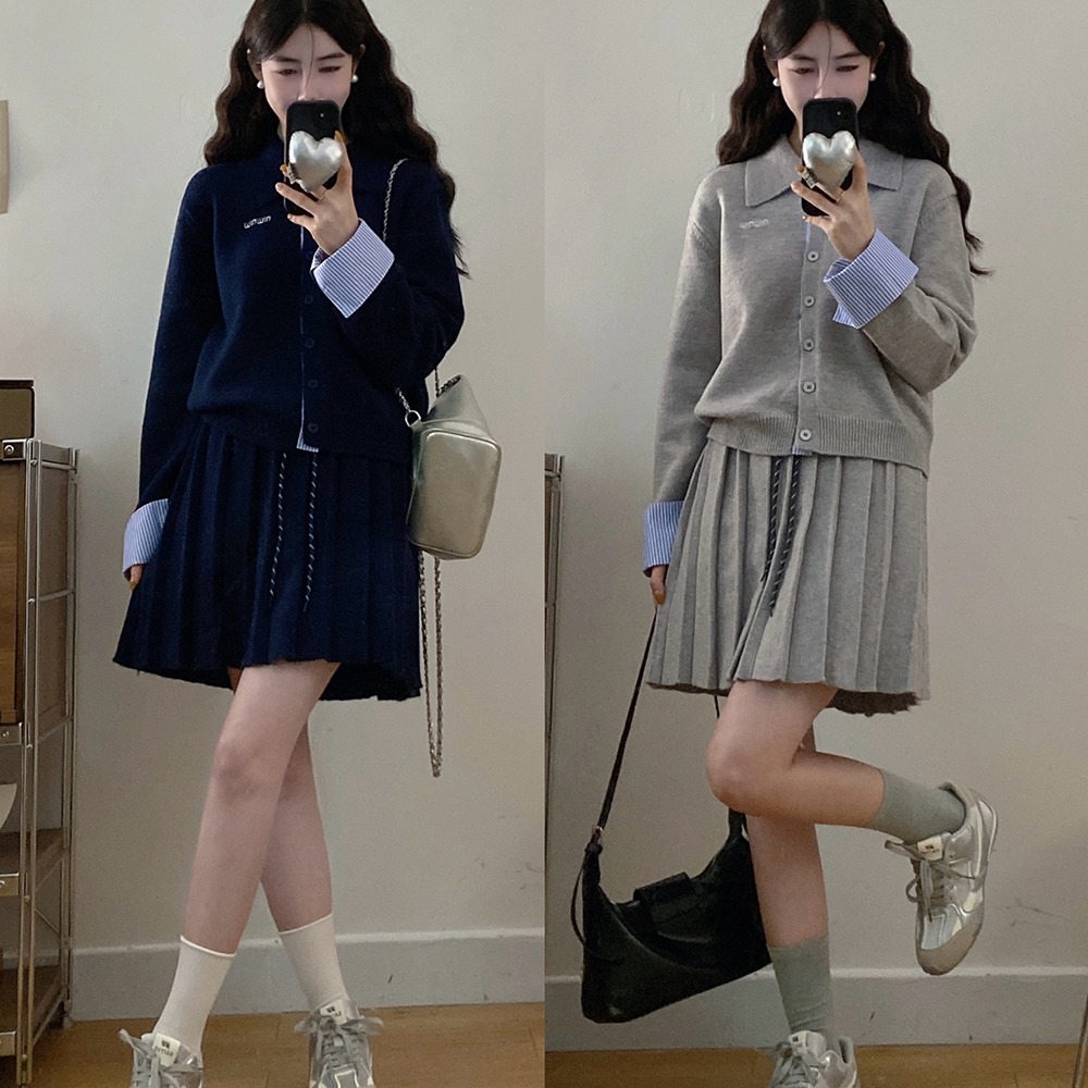 针织开衫上衣百褶半身裙两件套