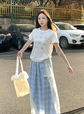 MM谢谢家大码设计感白色t恤宽松显瘦打底衫上衣女格纹高腰半身裙