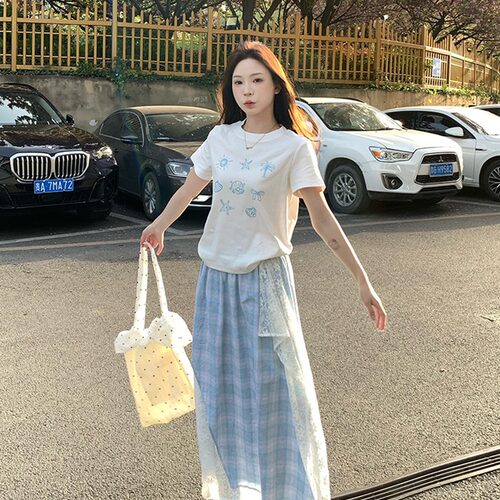 显瘦打底衫上衣女格纹高腰半身裙