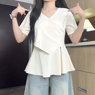 上衣 T恤荷叶边遮肚子小衫 MM谢谢家大码 胖mm夏宽松休闲V领交叉短袖