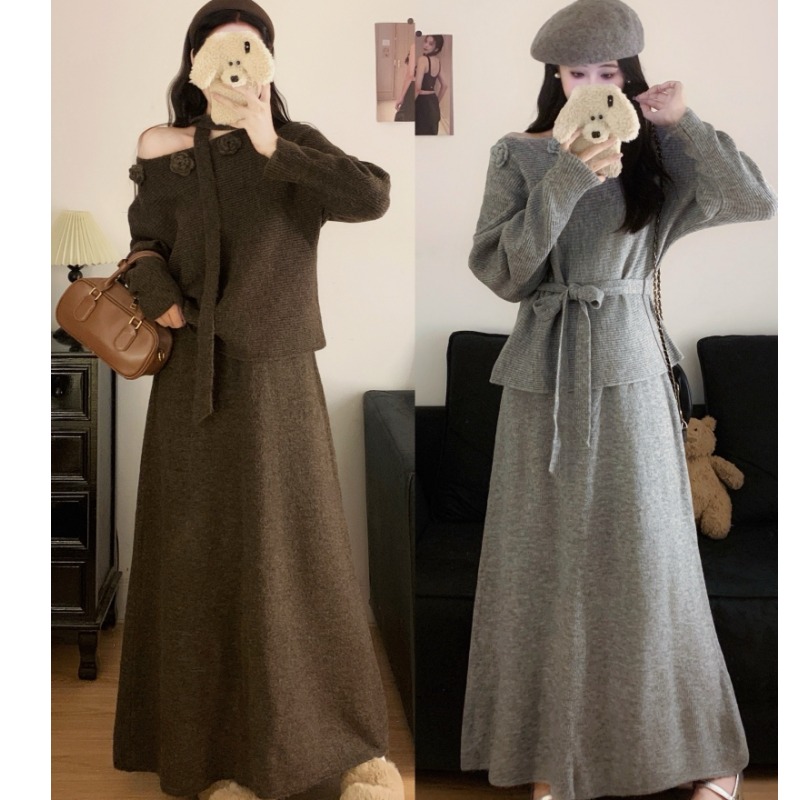 蝴蝶结毛衣上衣+针织半身裙两件