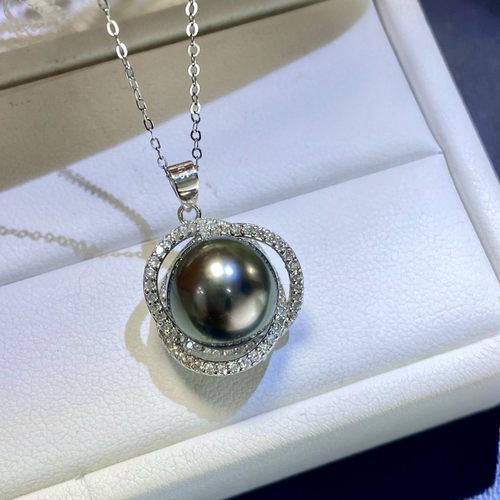 S925银三叶草海水珍珠耳钉  10-11mm海水大溪地黑珍珠