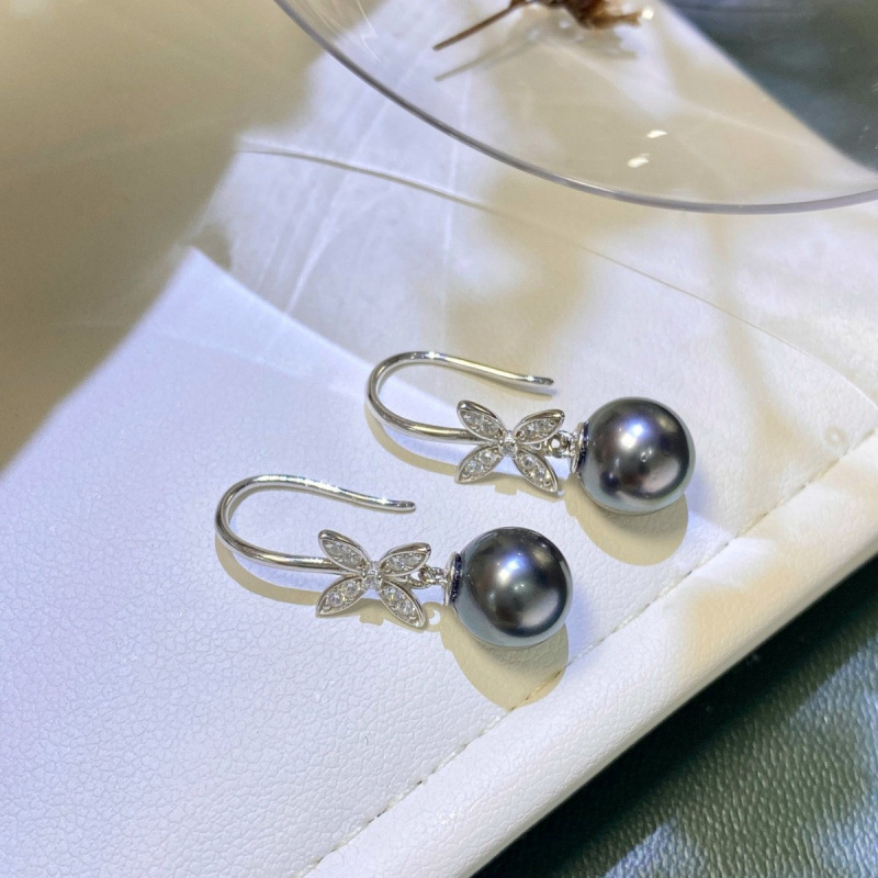 通体s925银四叶草海水珍珠耳环8-