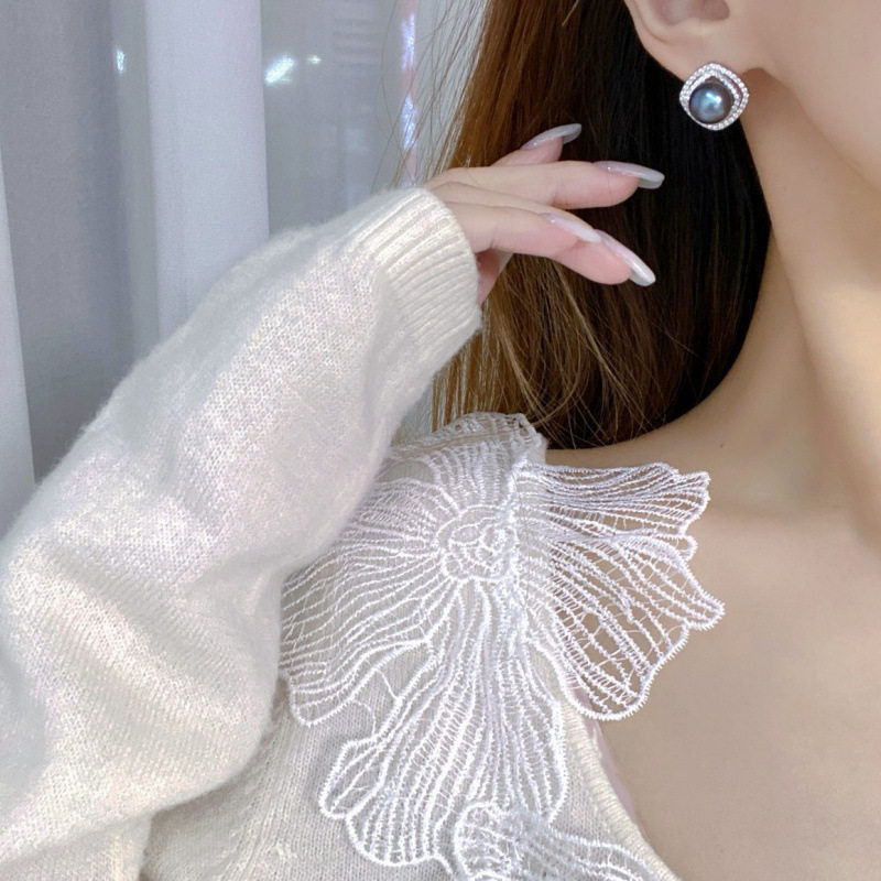 S925银菱形海水珍珠耳钉优雅百搭