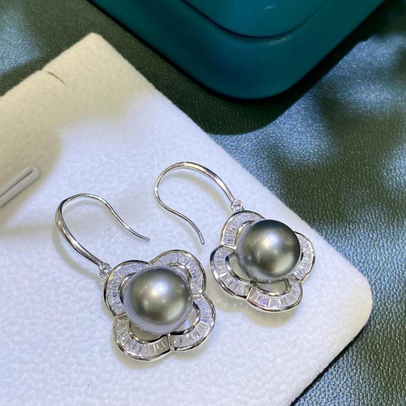 S925银四叶草海水珍珠吊环9-10mm