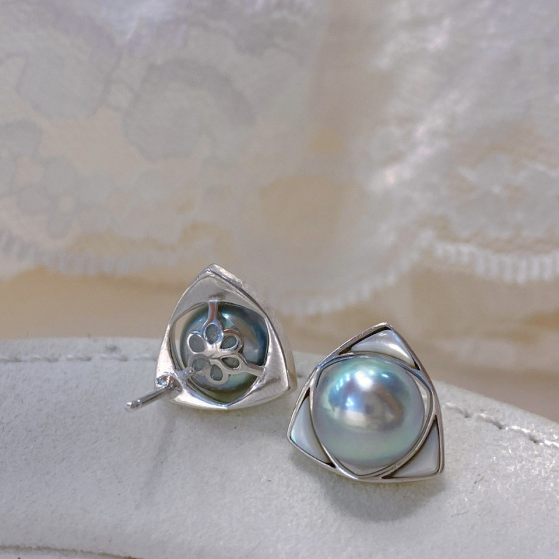 S925银三角形海水珍珠耳钉日常8-