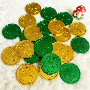 圣帕特里克节金币装饰道具绿色三叶草图案儿童玩具币海盗派对用品
