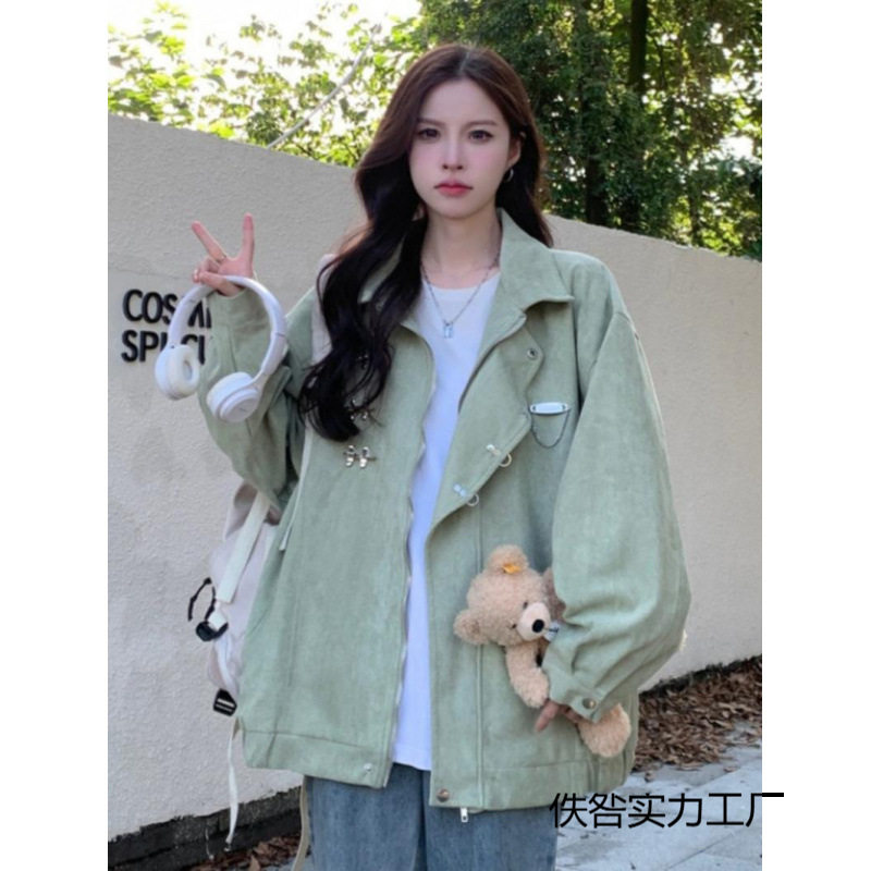 外套女春秋美式复古翻领初高中学生休闲宽松不规则设计感夹克上衣