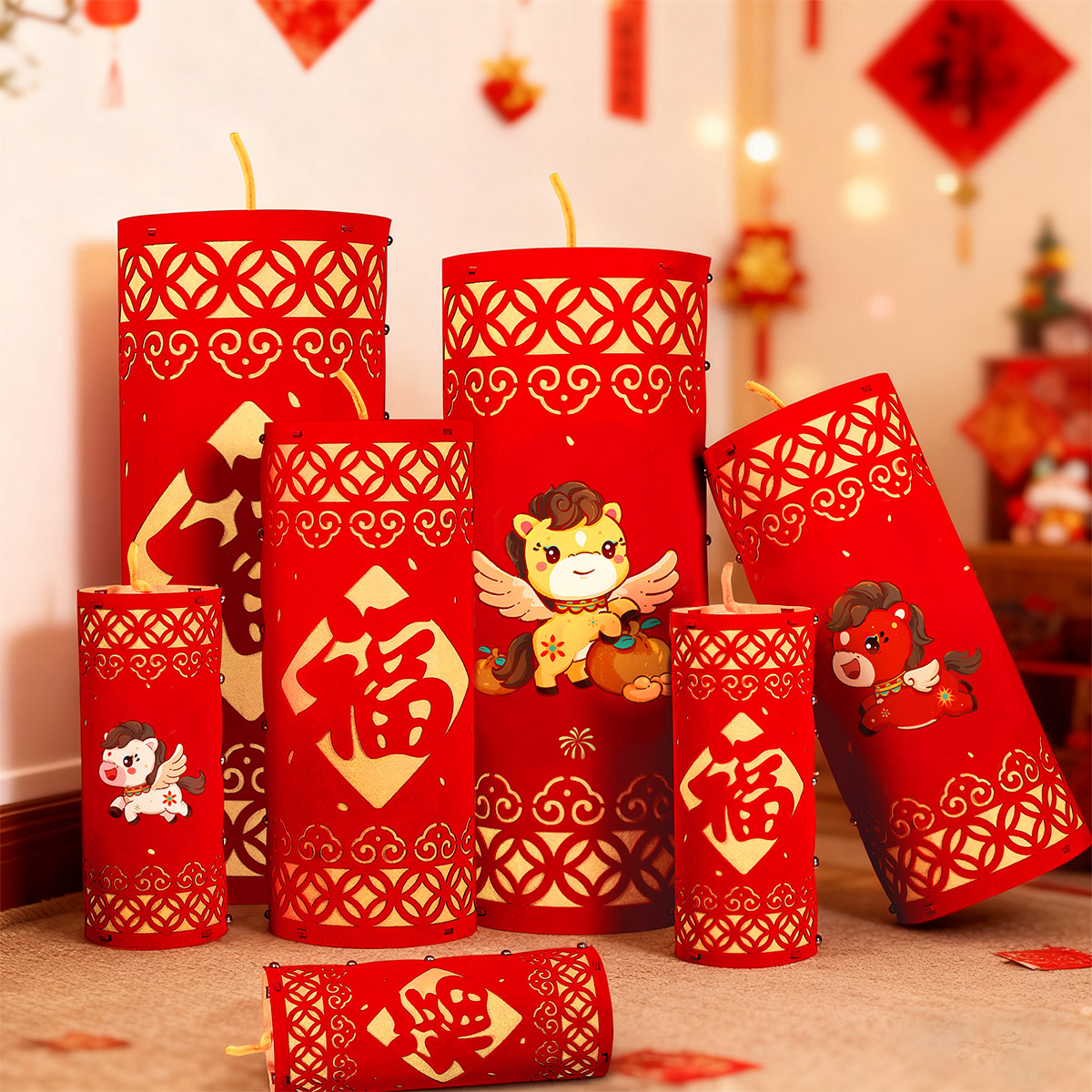 新年装饰仿真鞭炮筒摆件坐炮场景绒布地堆头道具商场2026年会布置