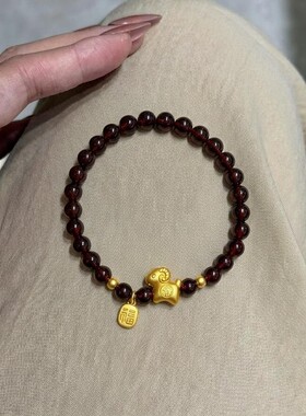 新中式卷卷羊仿石榴石手串女vintage福牌手链生肖羊小众设计手饰