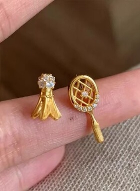 超精致!小巧羽毛球拍不规则耳钉mini可爱小众设计时尚耳饰女金色