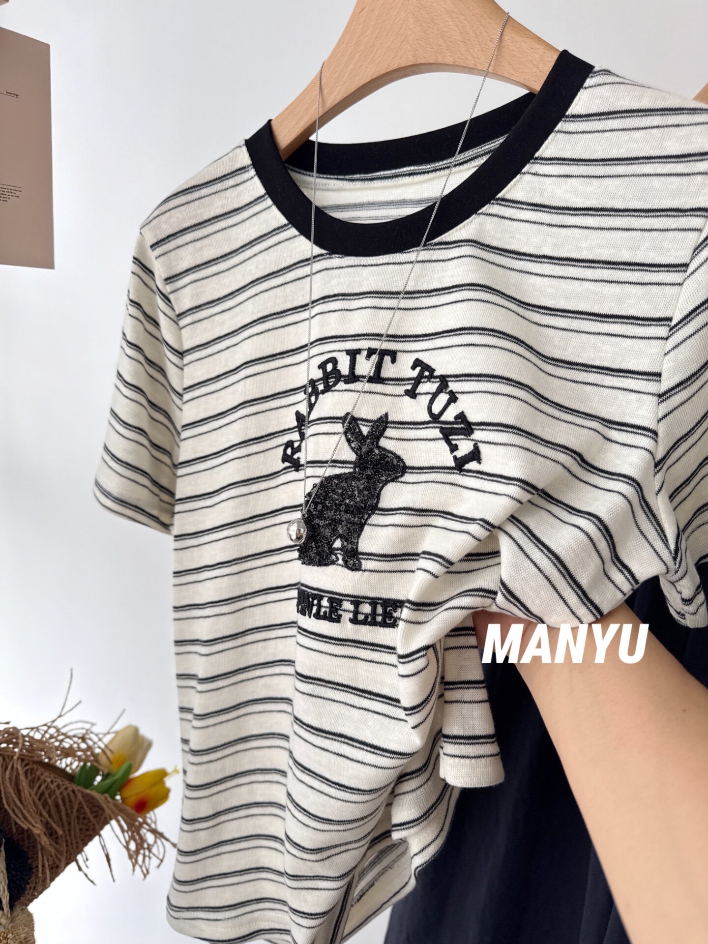 MANYU高级感亮片刺绣短袖T恤女