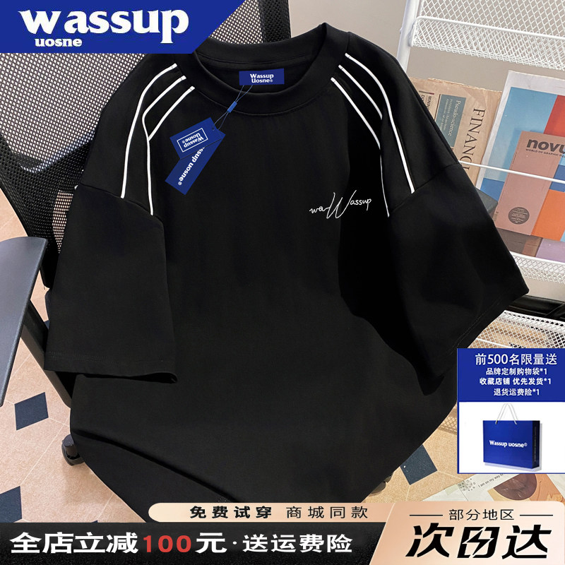 WASSUP联名重磅纯棉黑色短袖t恤男夏2025新款情侣装宽松半袖上衣