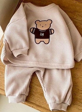 秋季新款卫衣时尚亲子婴幼童装可爱小熊华夫格休闲套装卫裤两件套