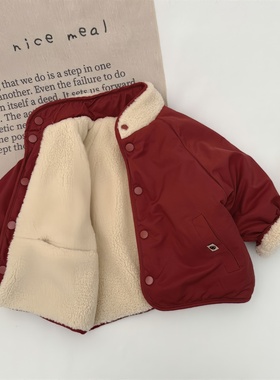 原版实体店品质】儿亲子童加绒加厚立领两面穿棉服男童女童新年红