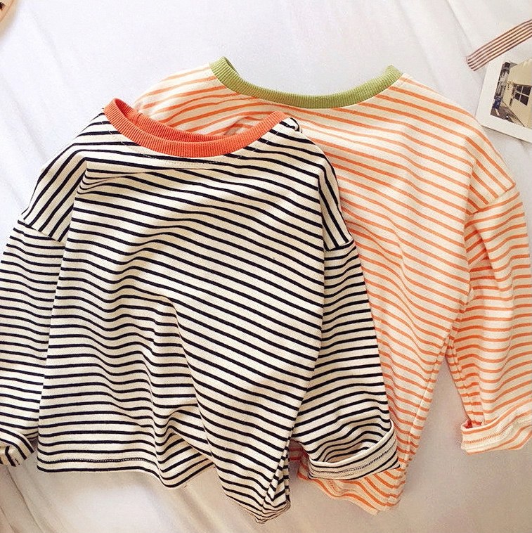 春秋2023新款韩版男亲子恤长袖儿童打底衫纯棉百搭条纹上衣潮