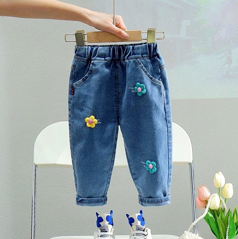 皮筋松紧裤腰韩版小花花装饰春秋2023女童牛仔裤夏款式带口袋休闲