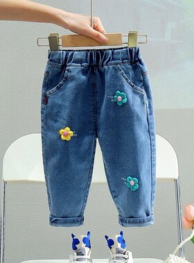 皮筋松紧裤腰韩版小花亲子春秋2023女童牛仔裤夏款式带口袋休闲