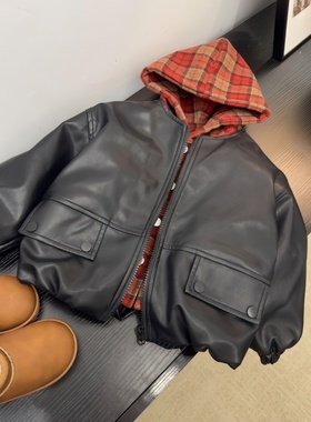 原版实体店品质】儿亲子童加绒夹棉外套冬款男童假两件红色格子皮