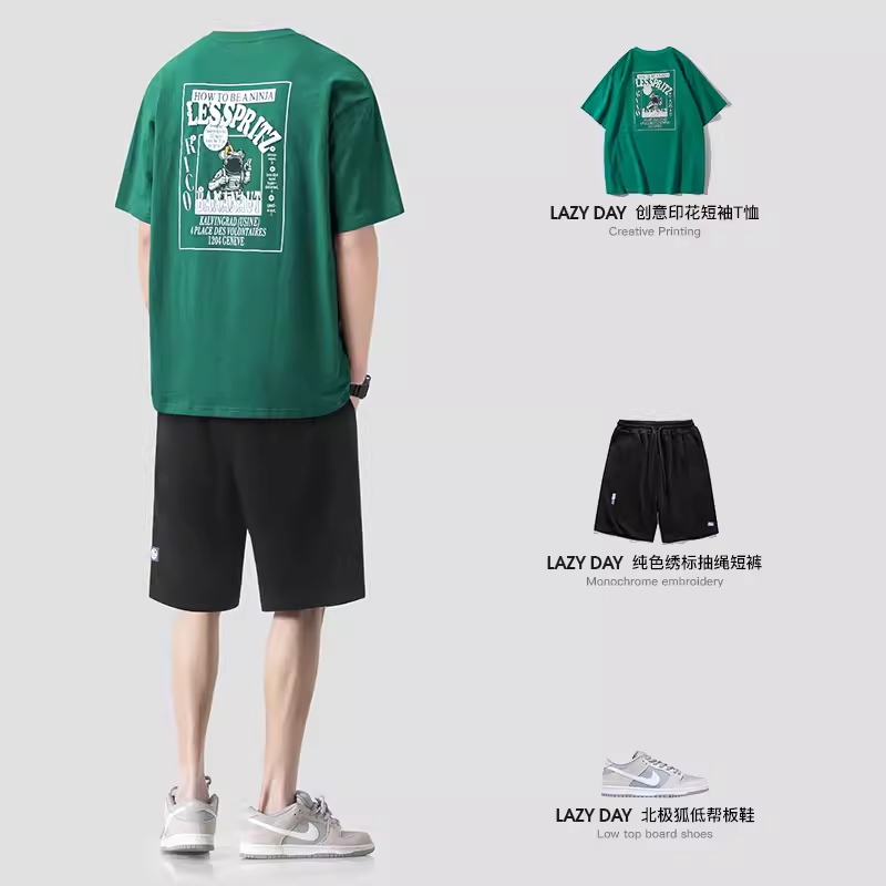 LAZY DAY 오리지널 남성 의류 세트 미국 문자 프린트 티셔츠 남성용 루즈 캐주얼 청바지