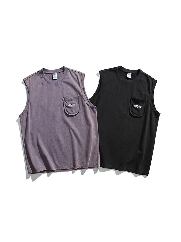 LAZY DAY 오리지널 남성 의류 일본 복고풍 워싱 자수 로고 라운드 넥 조끼 남성용 루즈 민소매 티셔츠