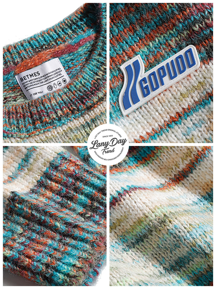 LAZY DAY 오리지널 남성복과 아메리칸 레트로 그라데이션 스트라이프 크루넥 스웨터 남성 가을 스트레이트 청바지