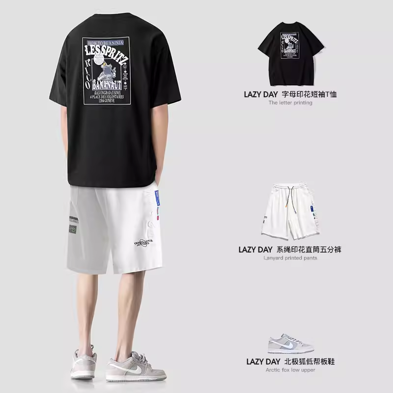 LAZY DAY 오리지널 남성 의류 세트 미국 문자 프린트 티셔츠 남성용 루즈 캐주얼 청바지