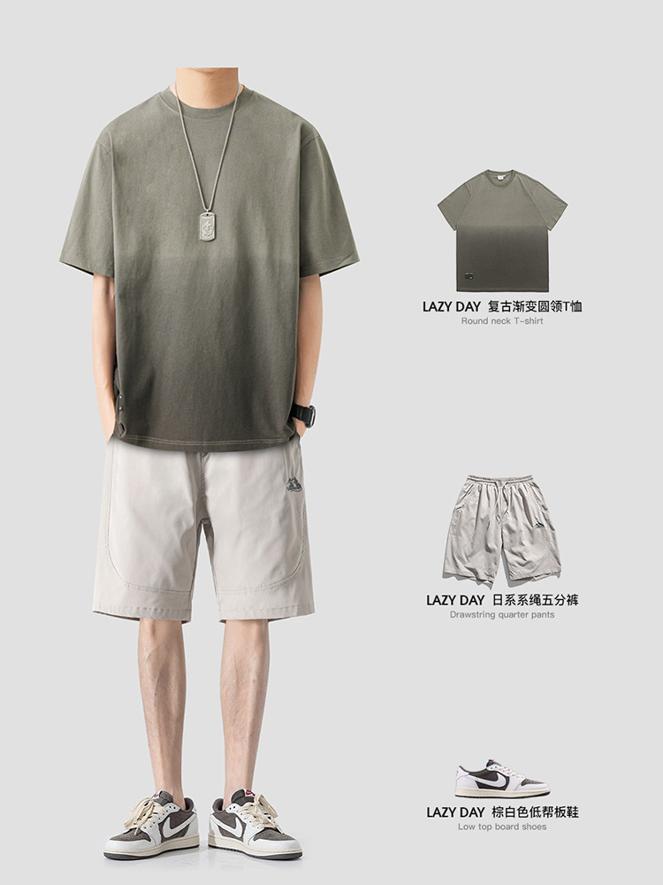 LAZY DAY 오리지널 남성용 일본식 심플 그라데이션 반팔 티셔츠 남성용 여름 다목적 루즈 캐주얼 슈트