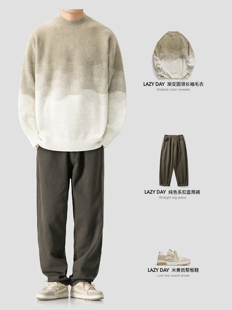 LAZY DAY 오리지널 남성 의류 일본 패션 브랜드 모조 밍크 모피 그라데이션 컬러 라운드 넥 스웨터 남성용 루즈한 니트 스웨터