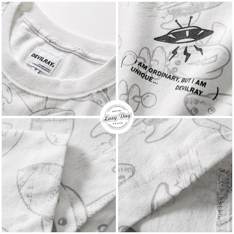 LAZY DAY 오리지널 남성복 세트 일본 크리에이티브 스페이스 프린트 티셔츠 남성 루즈 캐주얼 탑 트렌드