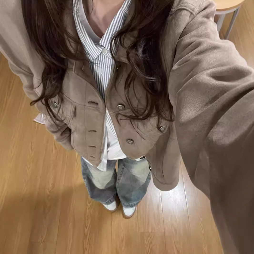 美式复古麂皮绒做旧外套男女2024秋季新款韩版情侣工装风纯色夹克