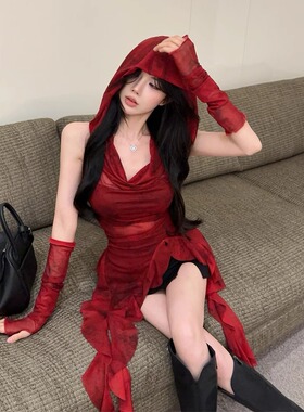 官图实价 废土风红色网纱荡领连帽t恤女荷叶边不规则带袖套上衣