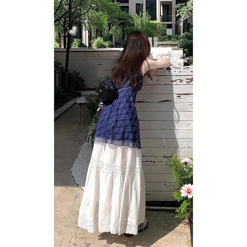 学院甜美风无袖V领格纹背心上衣