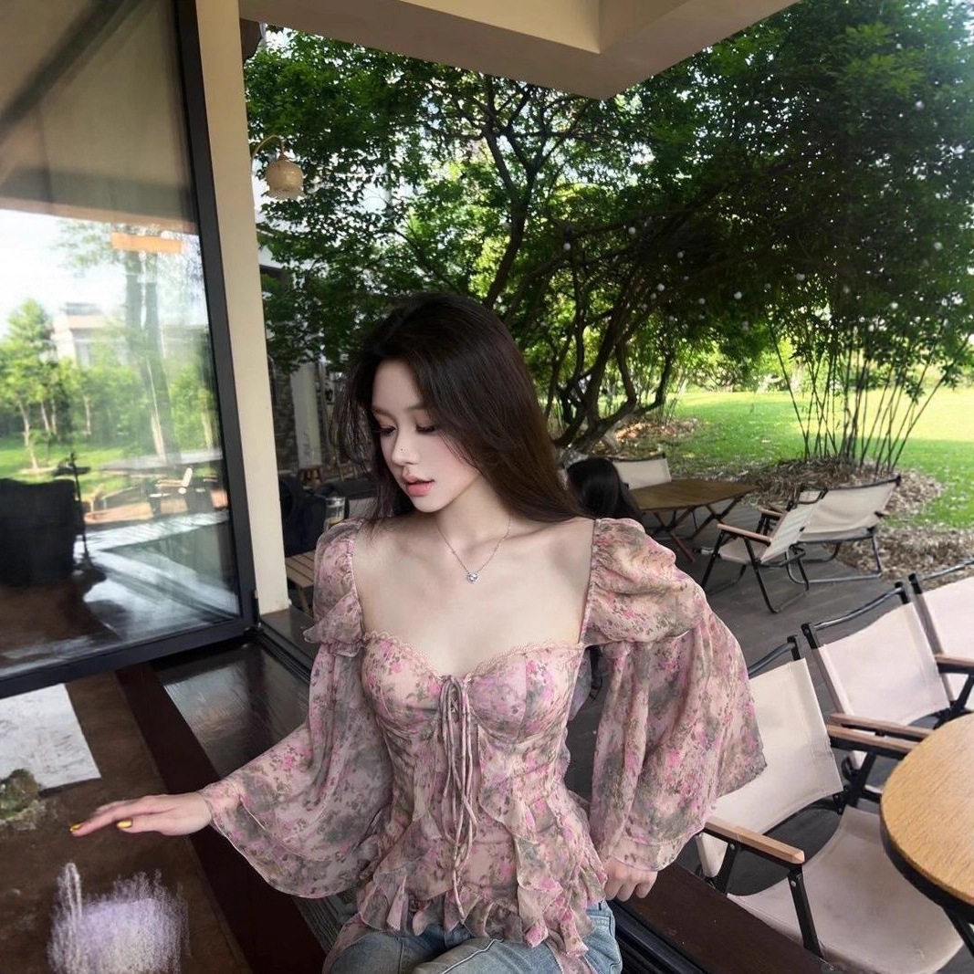复古纯欲风高级感碎花长袖飘带衬